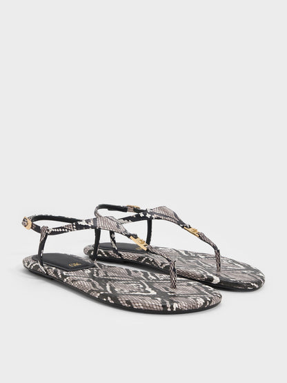 CHARLES & KEITH Exclusive / Leather Snake-Print T-Bar Thong Sandals - Animal Print Grey