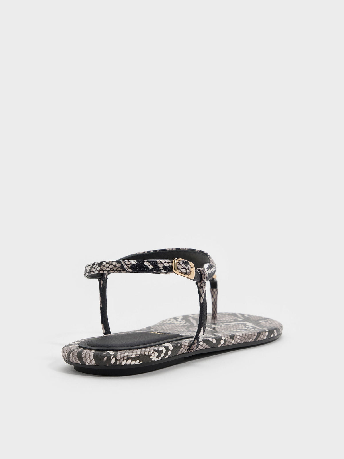 CHARLES & KEITH Exclusive / Leather Snake-Print T-Bar Thong Sandals - Animal Print Grey
