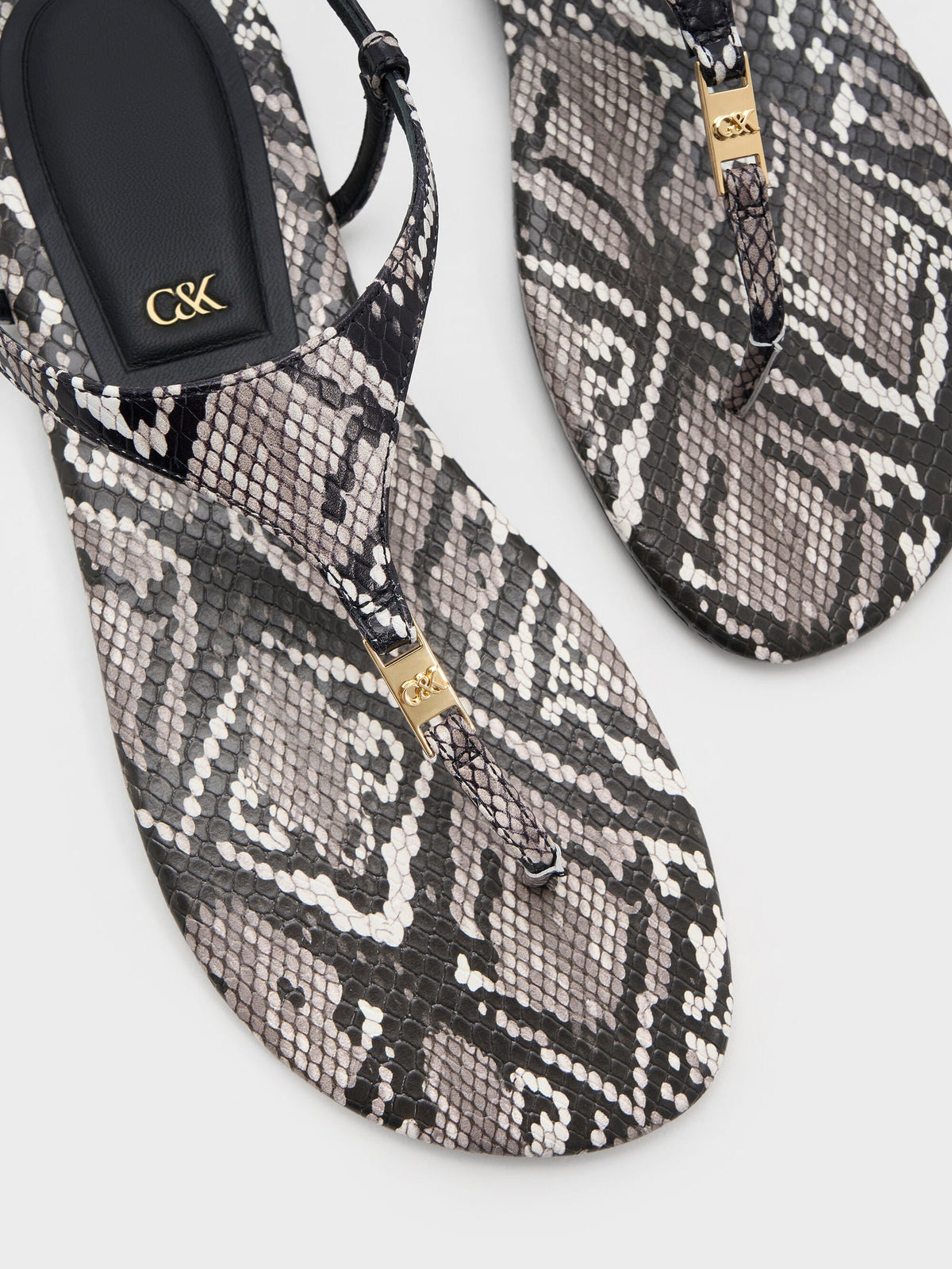 CHARLES & KEITH Exclusive / Leather Snake-Print T-Bar Thong Sandals - Animal Print Grey