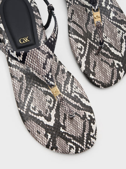 CHARLES & KEITH Exclusive / Leather Snake-Print T-Bar Thong Sandals - Animal Print Grey