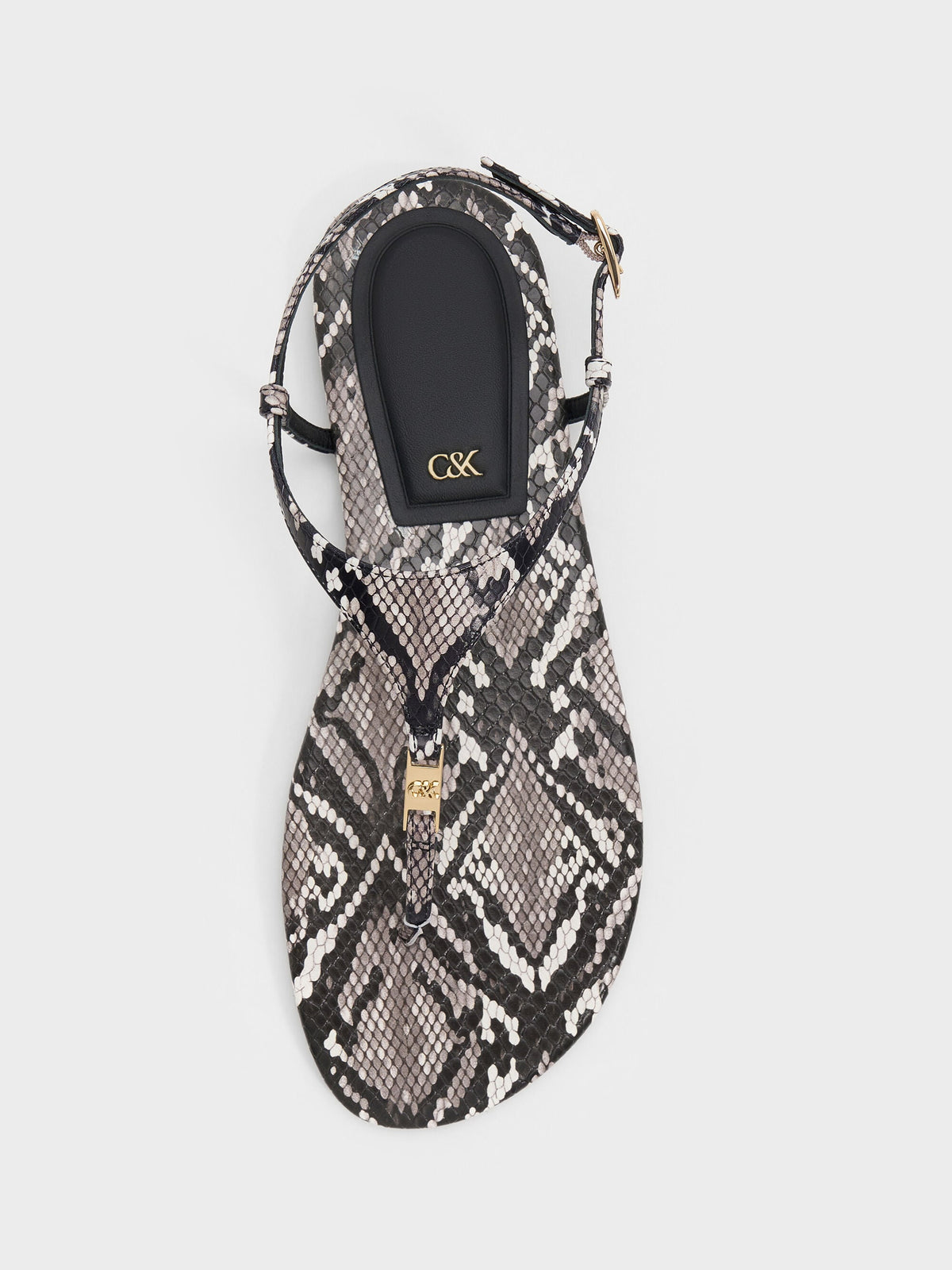 CHARLES & KEITH Exclusive / Leather Snake-Print T-Bar Thong Sandals - Animal Print Grey