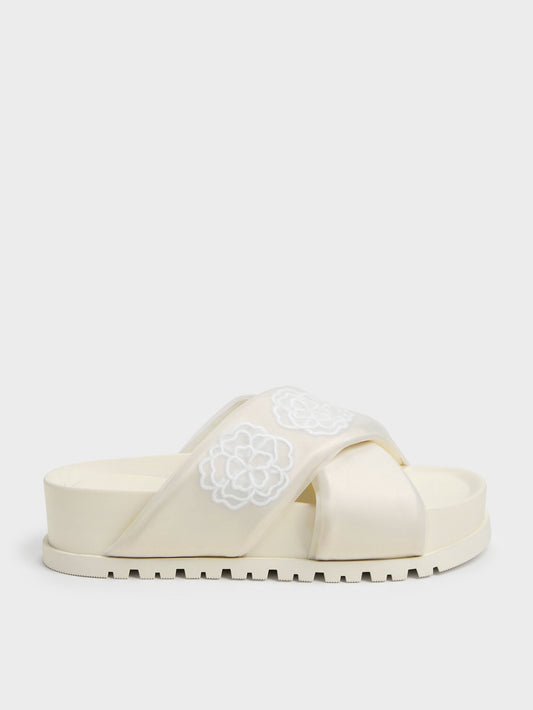 CHARLES & KEITH New / Satin Embroidered-Flower Crossover Sandals - Chalk