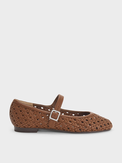 CHARLES & KEITH New / Woven Mary Jane Flats - Brown