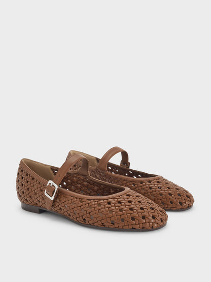 CHARLES & KEITH New / Woven Mary Jane Flats - Brown