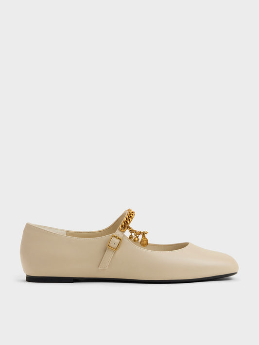 CHARLES & KEITH Premium / Double-Chain Charm Mary Jane Flats - Chalk