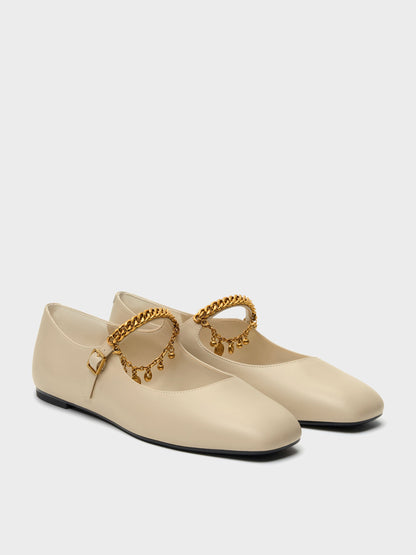 CHARLES & KEITH Premium / Double-Chain Charm Mary Jane Flats - Chalk