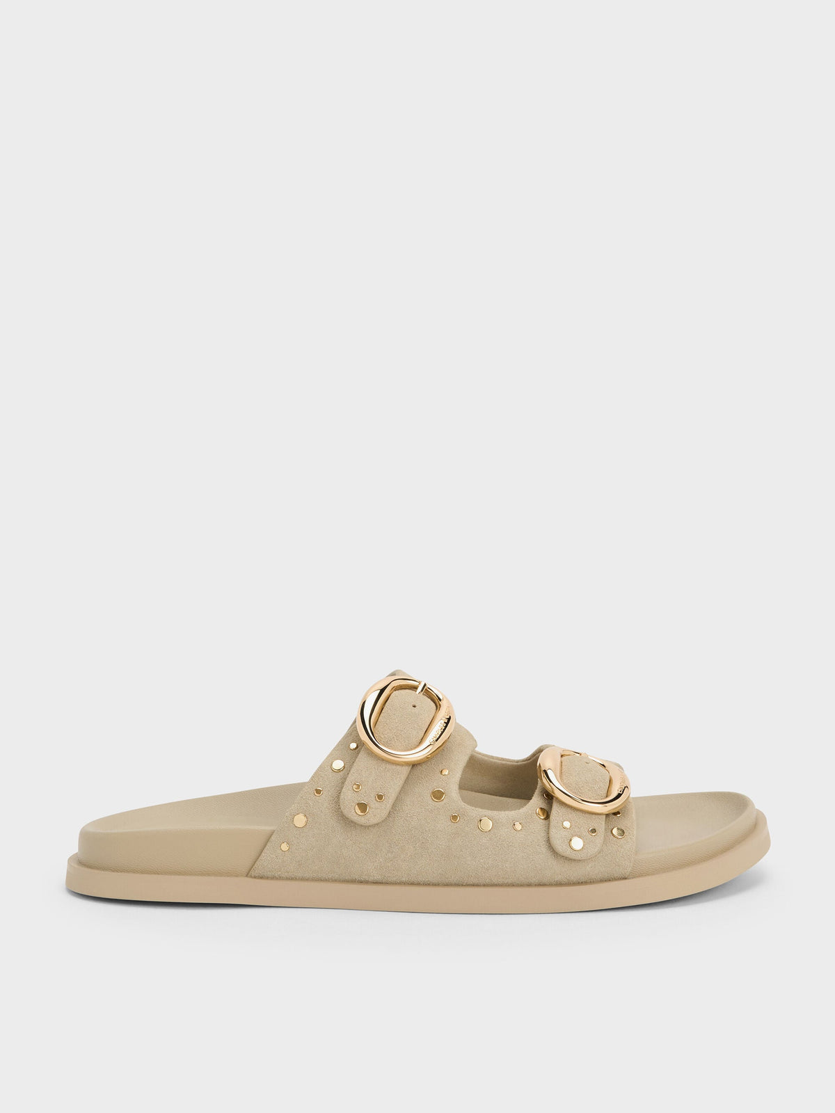CHARLES & KEITH Best Price / Studded Buckled Double-Strap Slides - Beige