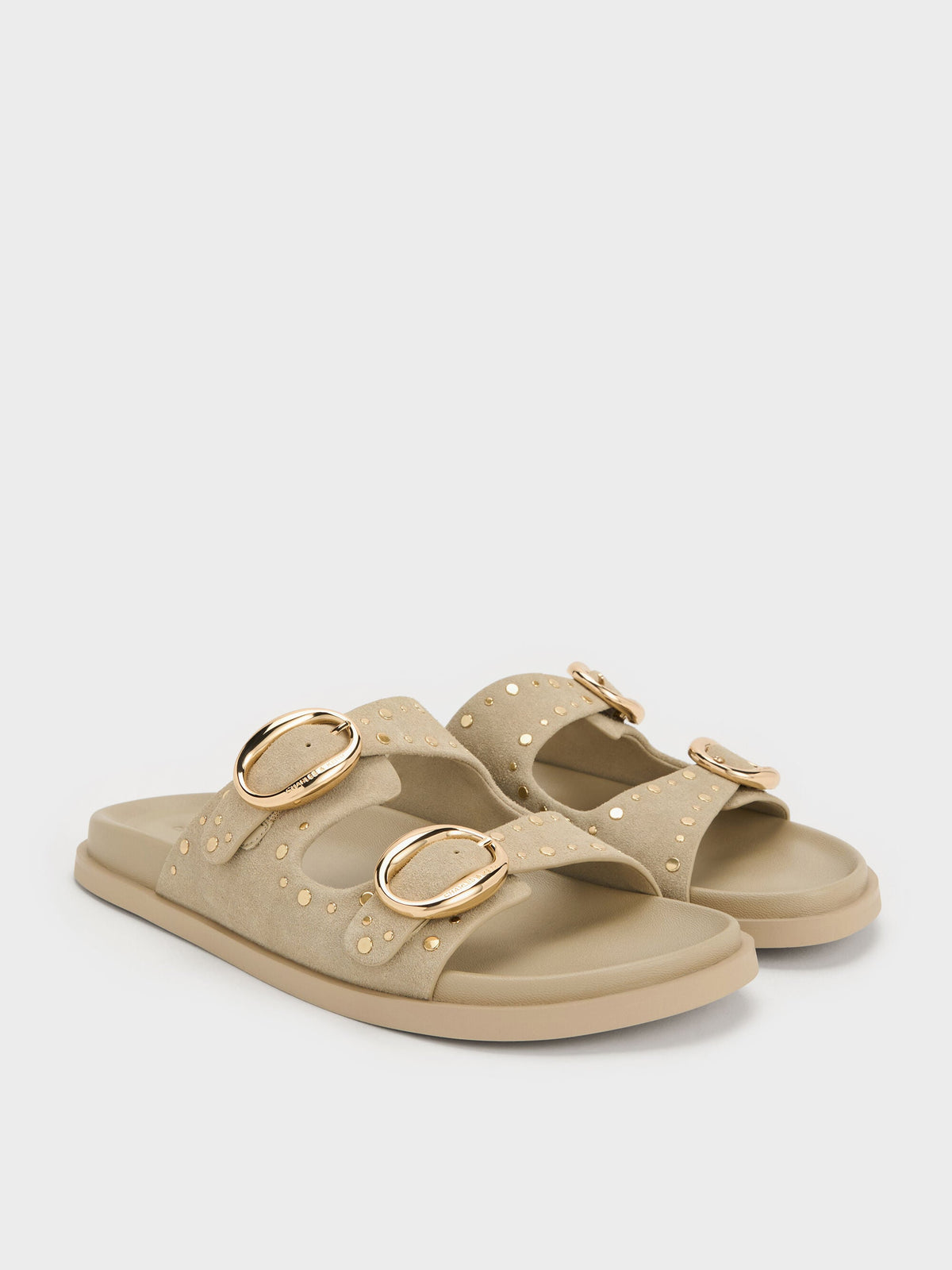 CHARLES & KEITH Best Price / Studded Buckled Double-Strap Slides - Beige