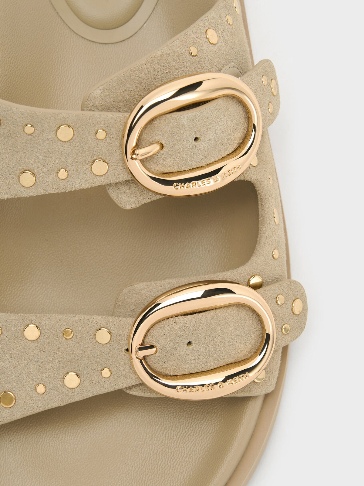 CHARLES & KEITH Best Price / Studded Buckled Double-Strap Slides - Beige