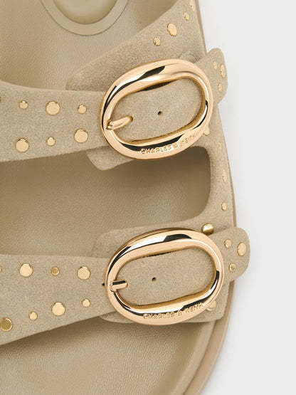 CHARLES & KEITH Best Price / Studded Buckled Double-Strap Slides - Beige