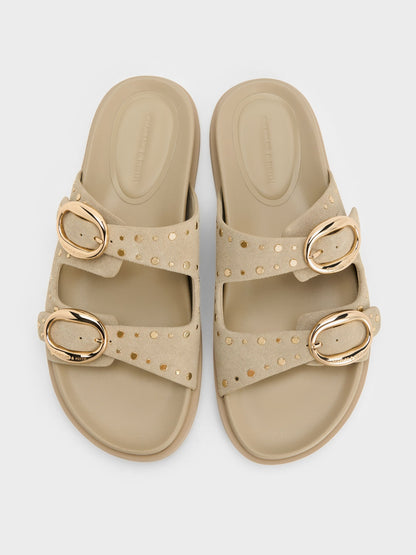 CHARLES & KEITH Best Price / Studded Buckled Double-Strap Slides - Beige