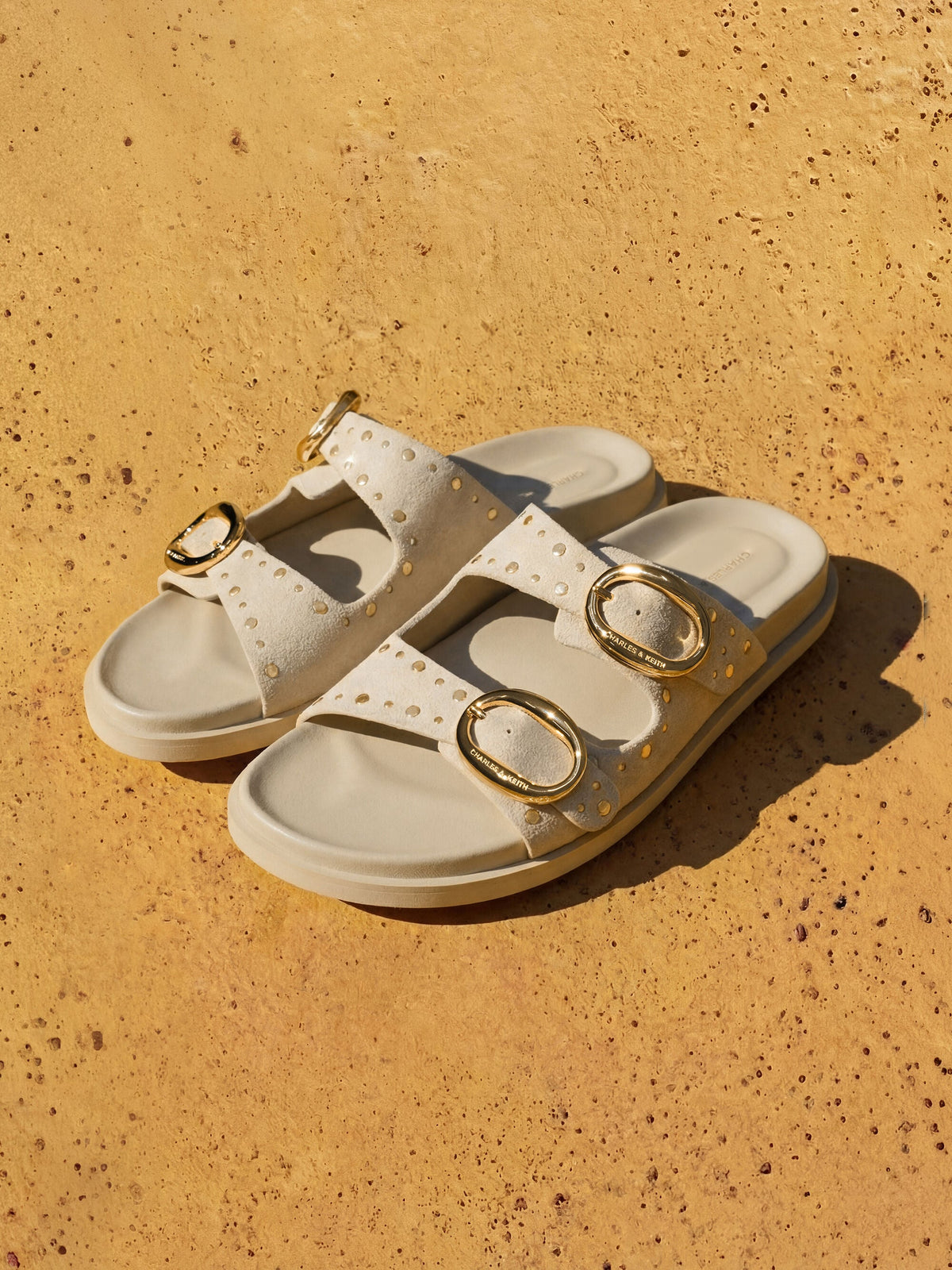 CHARLES & KEITH Best Price / Studded Buckled Double-Strap Slides - Beige