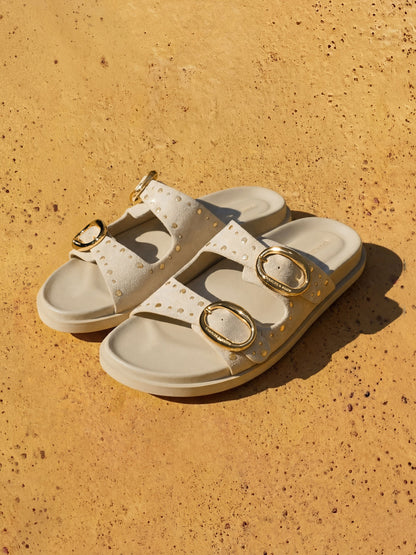 CHARLES & KEITH Best Price / Studded Buckled Double-Strap Slides - Beige