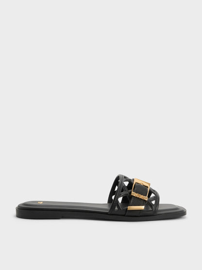 CHARLES & KEITH Exclusive / Whitney Leather Cut-Out Slide Sandals - Black
