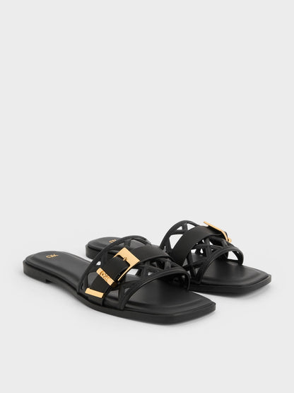 CHARLES & KEITH Exclusive / Whitney Leather Cut-Out Slide Sandals - Black