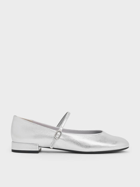 CHARLES & KEITH Classic / Gertrude Metallic Mary Janes - Silver