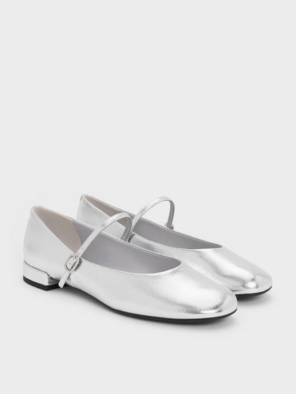 CHARLES & KEITH Classic / Gertrude Metallic Mary Janes - Silver
