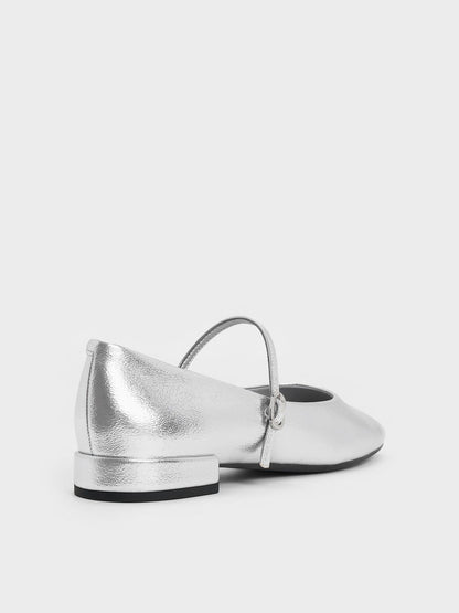 CHARLES & KEITH Classic / Gertrude Metallic Mary Janes - Silver
