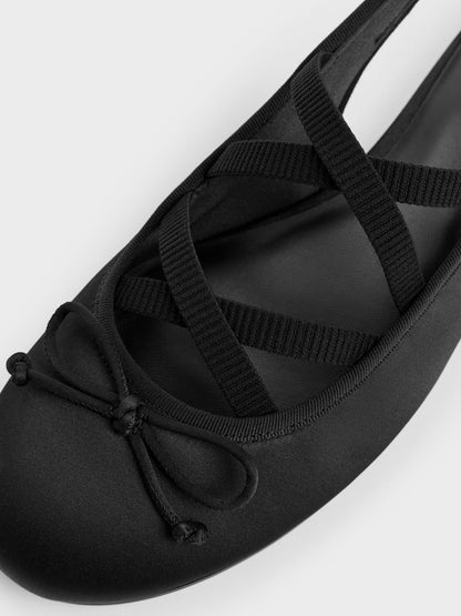 CHARLES & KEITH Everyday / Satin Crossover Slingback Ballet Flats - Black Textured