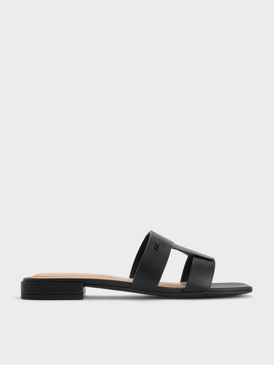 CHARLES & KEITH Signature / Petina Leather Slide Sandals - Black