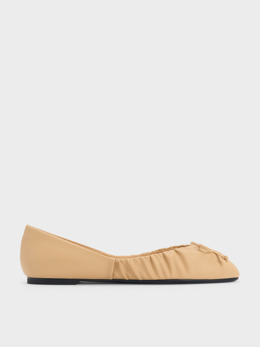 CHARLES & KEITH Quality / Ruched Bow Ballet Flats - Sand