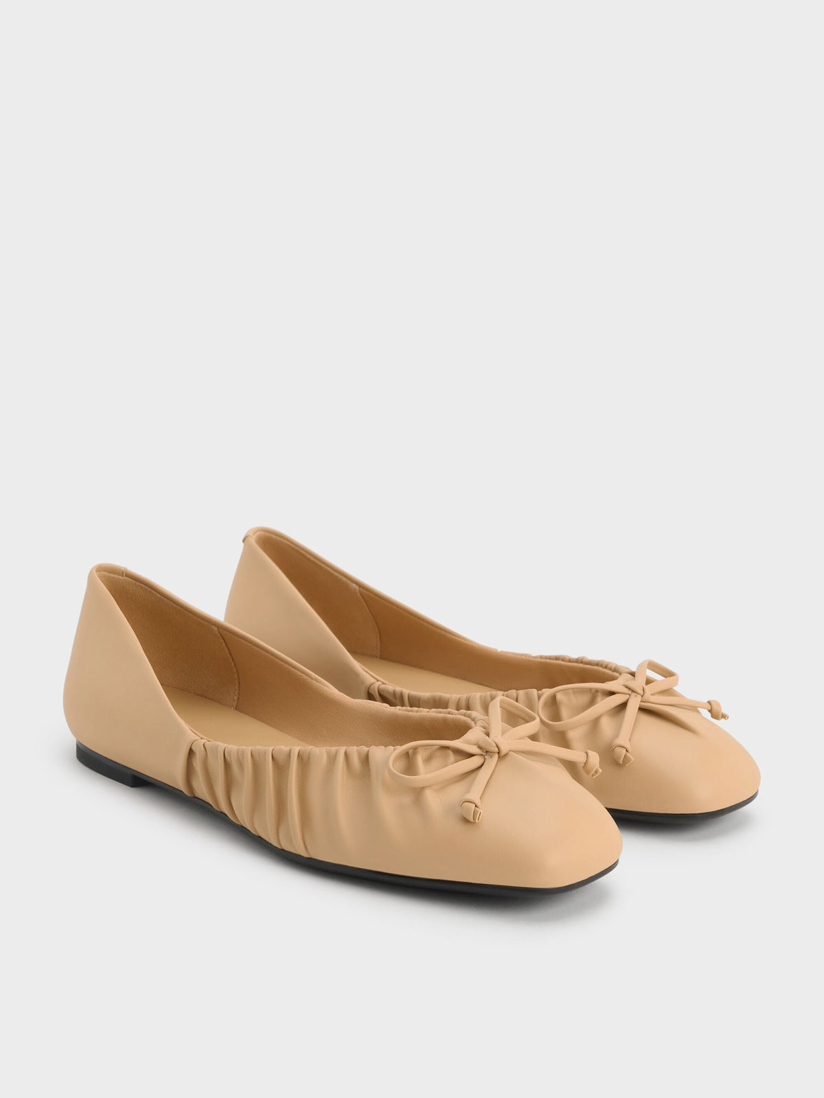 CHARLES & KEITH Quality / Ruched Bow Ballet Flats - Sand