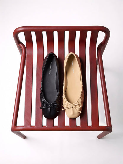 CHARLES & KEITH Quality / Ruched Bow Ballet Flats - Sand