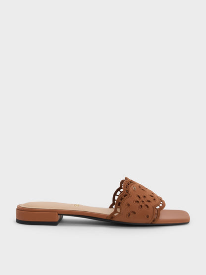 CHARLES & KEITH Essential / Leather Embroidered Slide Sandals - Cognac