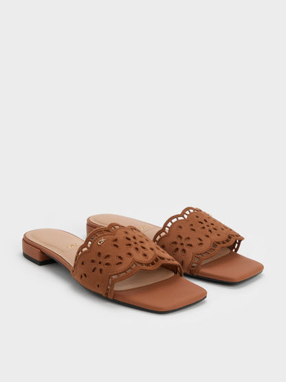 CHARLES & KEITH Essential / Leather Embroidered Slide Sandals - Cognac