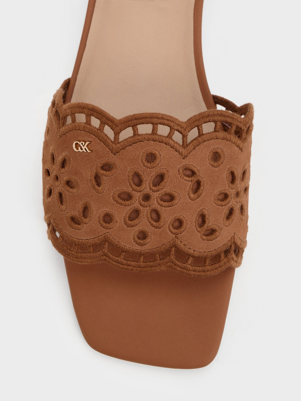 CHARLES & KEITH Essential / Leather Embroidered Slide Sandals - Cognac