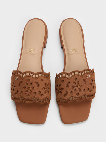 CHARLES & KEITH Essential / Leather Embroidered Slide Sandals - Cognac