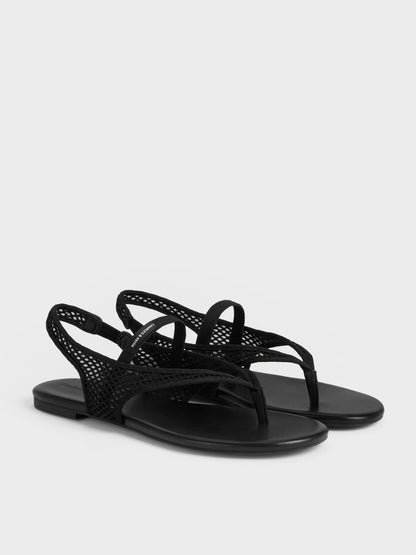 CHARLES & KEITH Popular / Ellory Mesh Thong Slingback Sandals - Black Textured