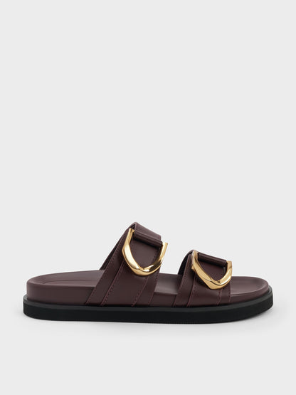 CHARLES & KEITH Premium / Gabine Gold-Buckle Leather Slides - Plum
