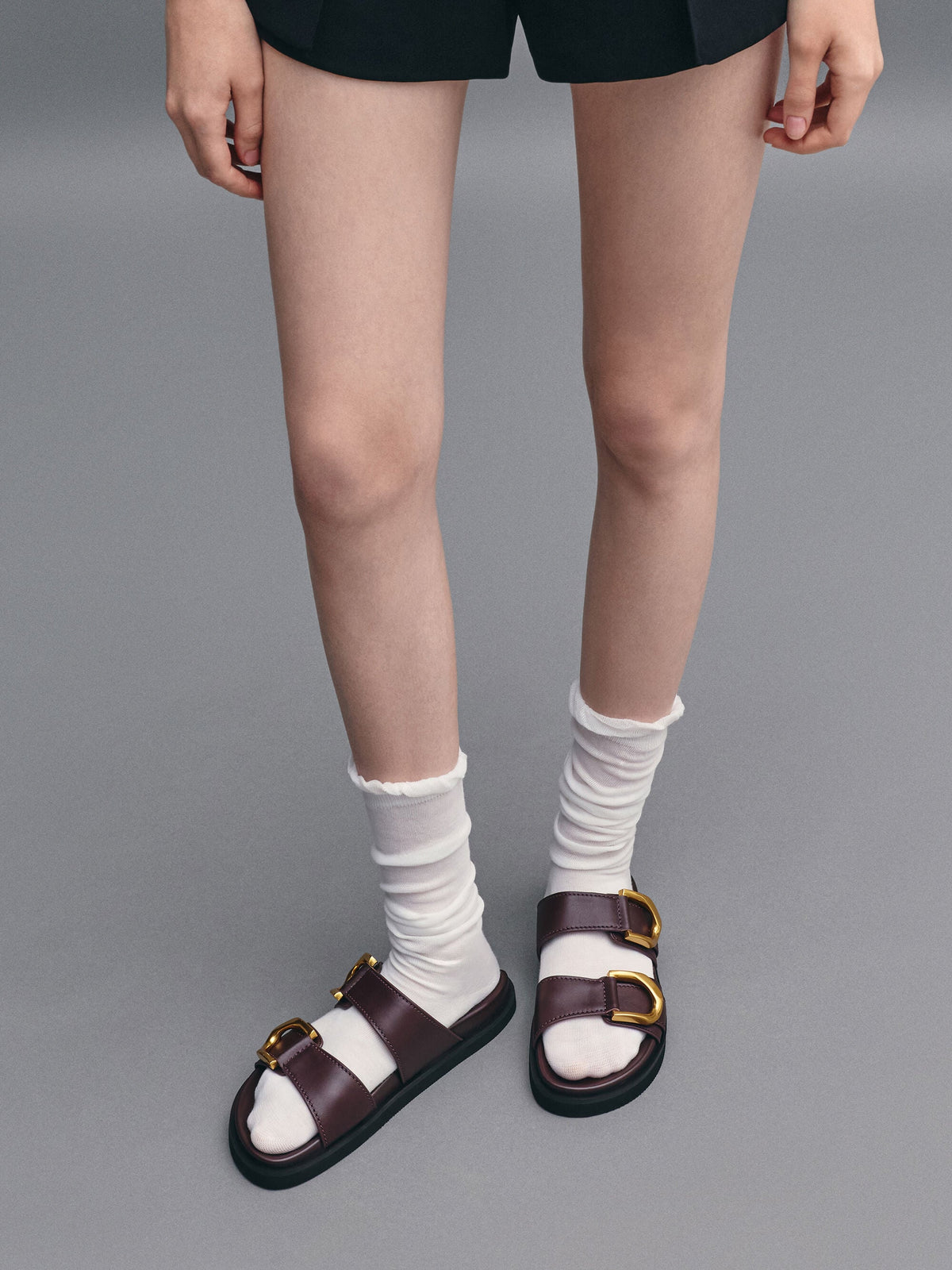 CHARLES & KEITH Premium / Gabine Gold-Buckle Leather Slides - Plum