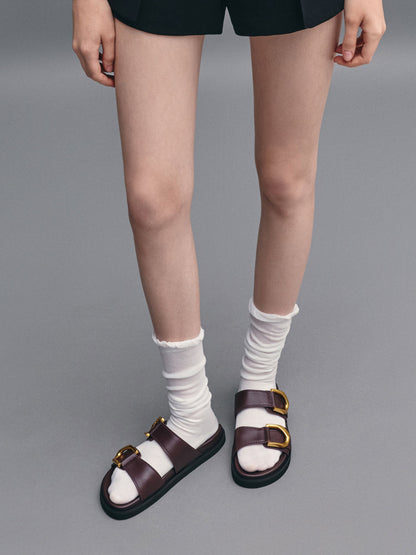 CHARLES & KEITH Premium / Gabine Gold-Buckle Leather Slides - Plum