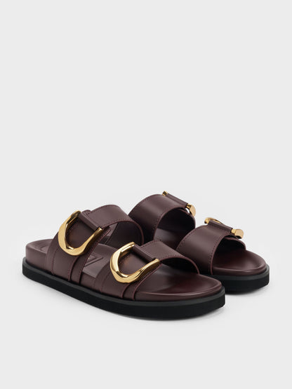 CHARLES & KEITH Premium / Gabine Gold-Buckle Leather Slides - Plum