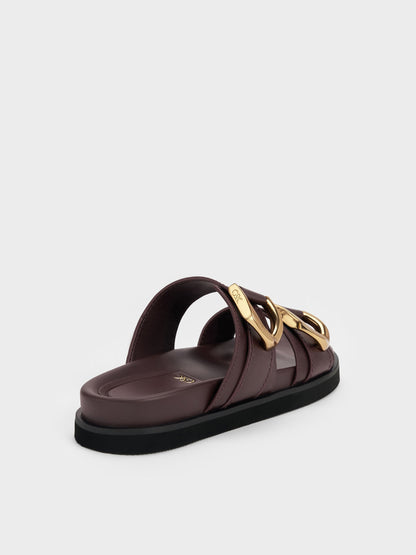 CHARLES & KEITH Premium / Gabine Gold-Buckle Leather Slides - Plum