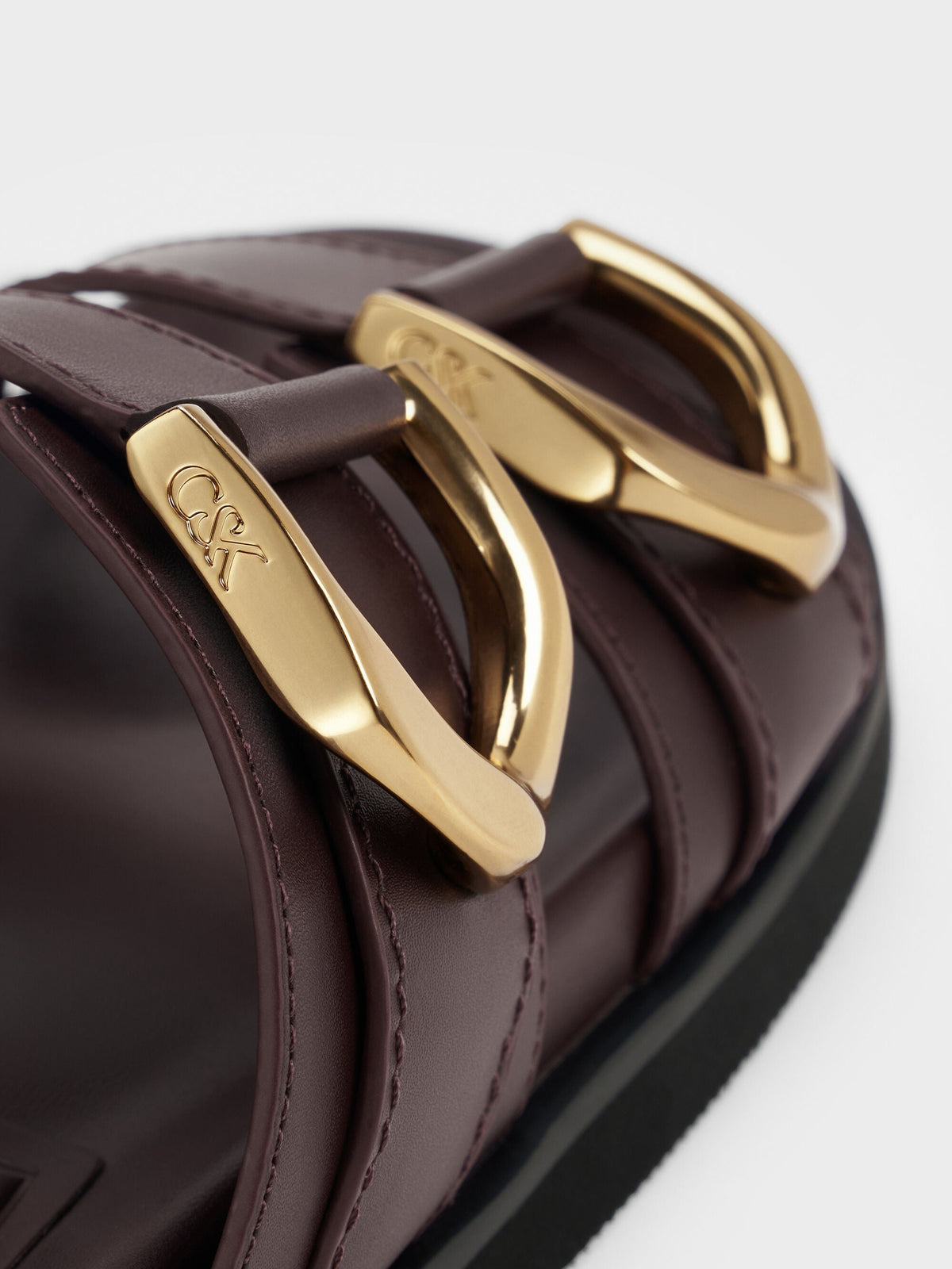CHARLES & KEITH Premium / Gabine Gold-Buckle Leather Slides - Plum