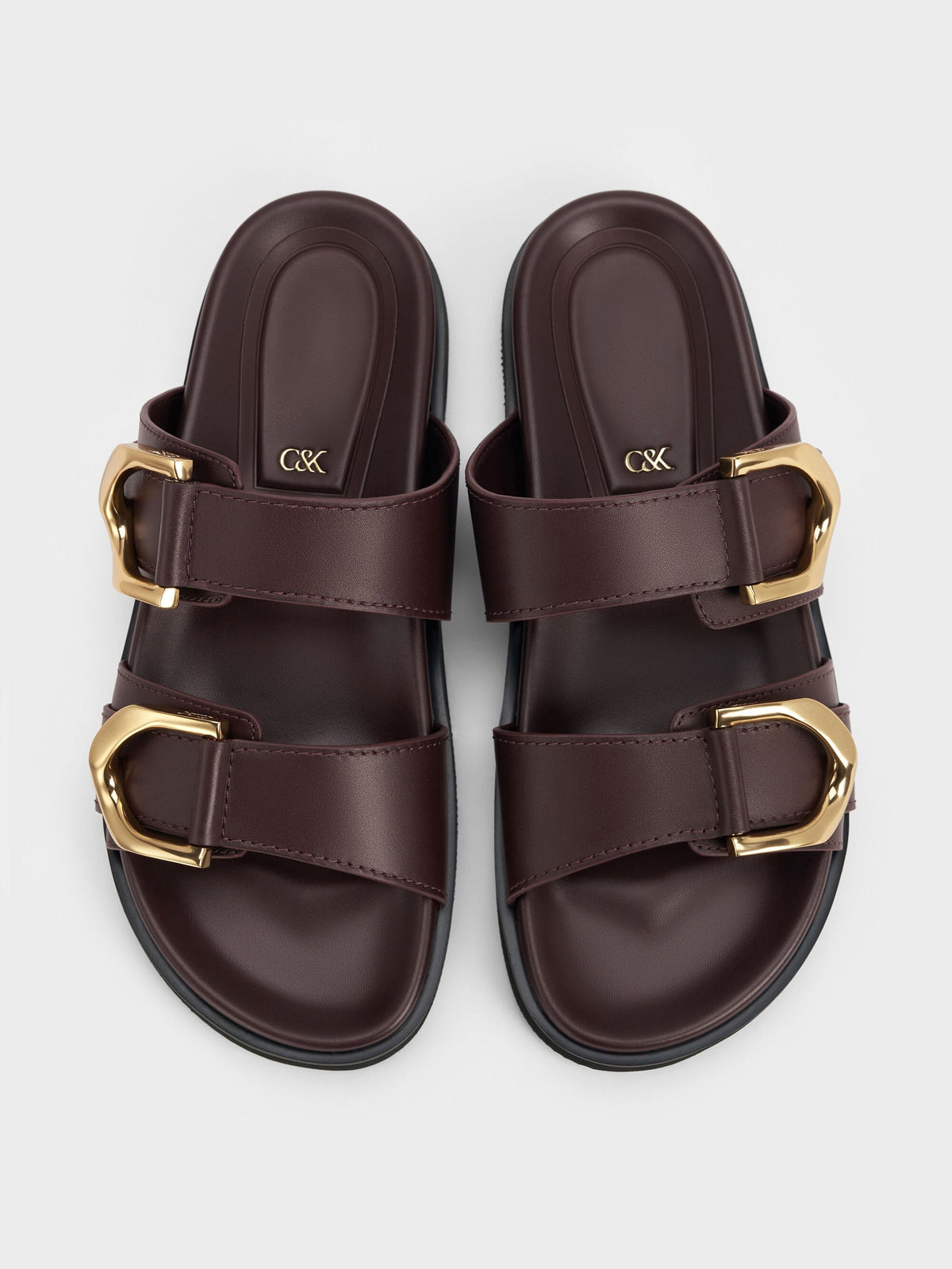 CHARLES & KEITH Premium / Gabine Gold-Buckle Leather Slides - Plum