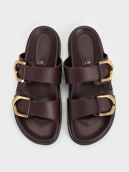CHARLES & KEITH Premium / Gabine Gold-Buckle Leather Slides - Plum