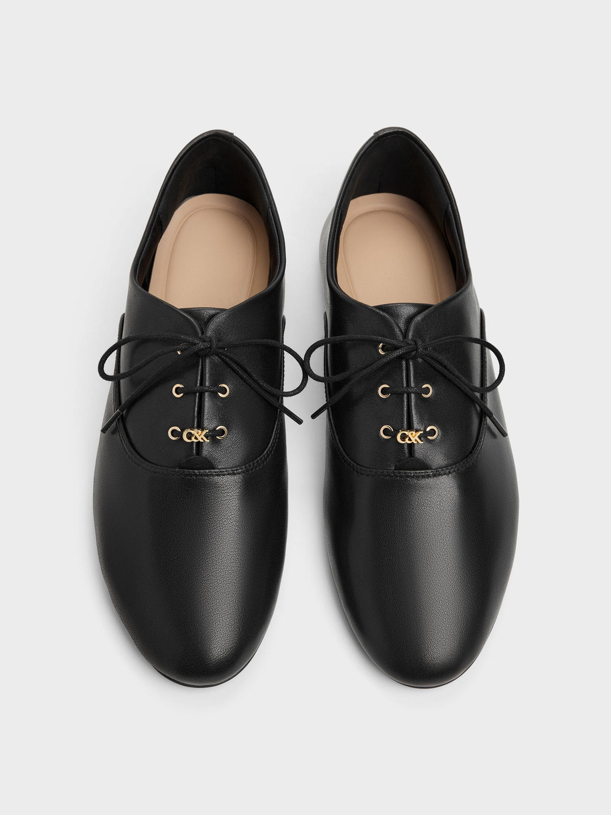 CHARLES & KEITH Hot Sale / Pippa Leather Derby Flats - Black