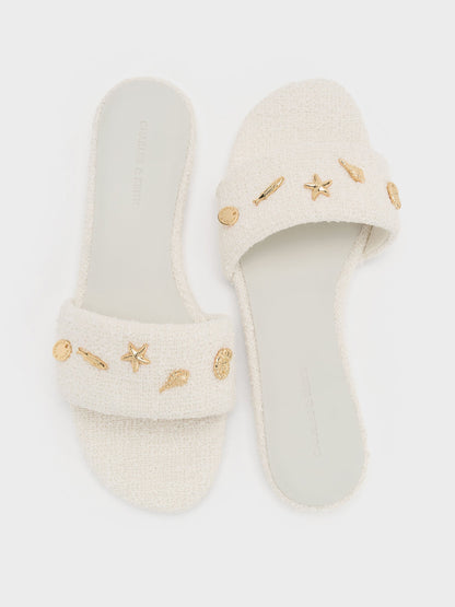 CHARLES & KEITH Popular / Tweed Beach Slide Sandals - Chalk