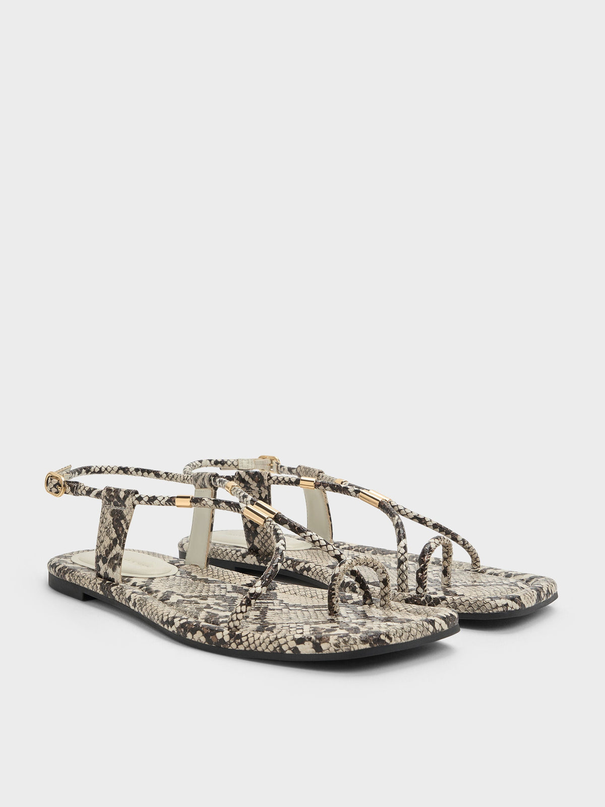 CHARLES & KEITH Hot Sale / Snake-Print Metallic-Accent Toe-Ring Sandals - Animal Print Natural