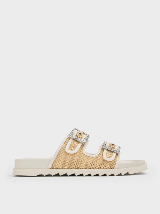 CHARLES & KEITH Smart Buy / Raffia Gem-Buckle Double-Strap Sandals - Sand