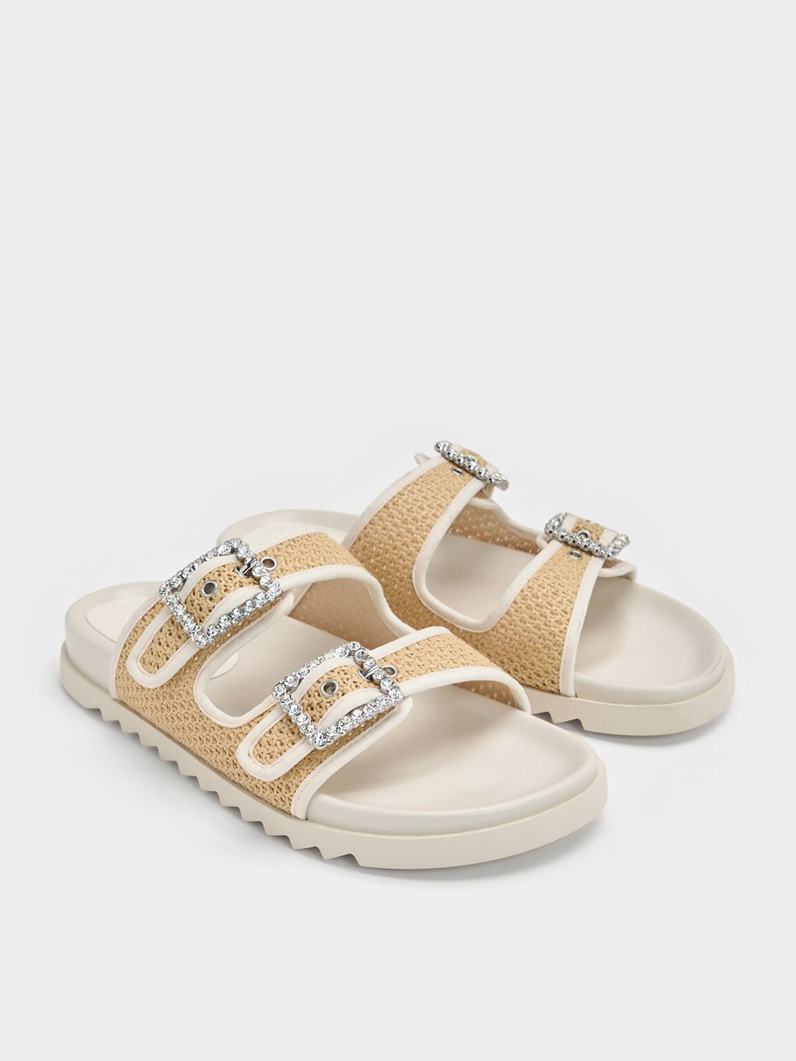 CHARLES & KEITH Smart Buy / Raffia Gem-Buckle Double-Strap Sandals - Sand
