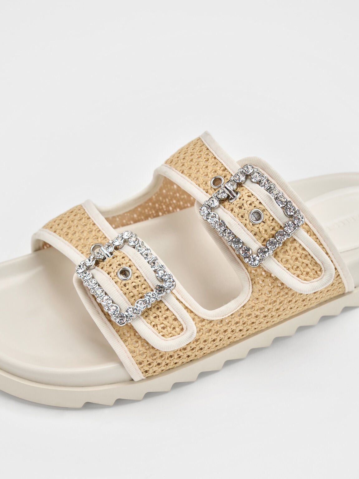 CHARLES & KEITH Smart Buy / Raffia Gem-Buckle Double-Strap Sandals - Sand