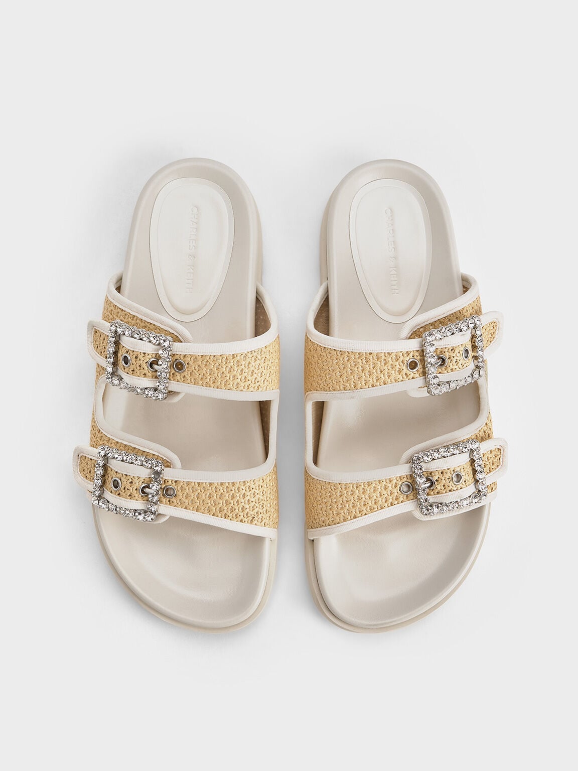 CHARLES & KEITH Smart Buy / Raffia Gem-Buckle Double-Strap Sandals - Sand