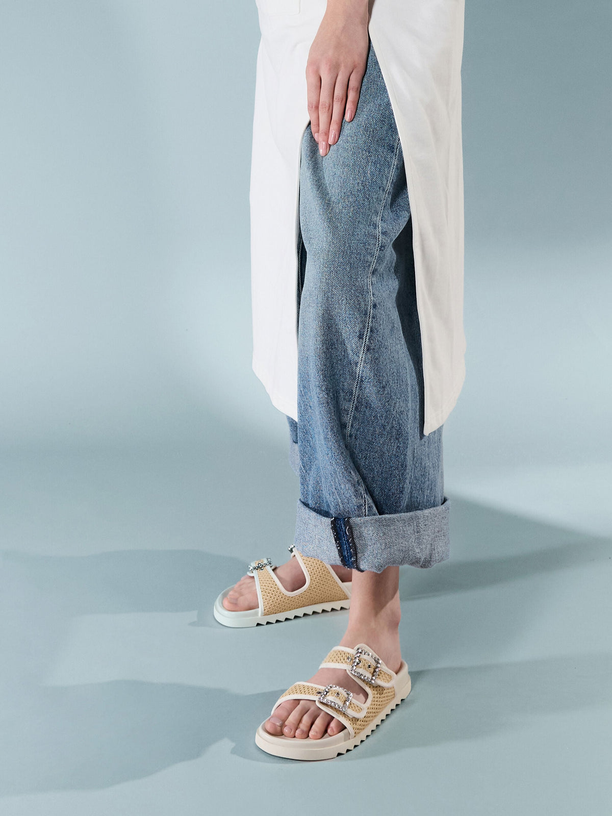 CHARLES & KEITH Smart Buy / Raffia Gem-Buckle Double-Strap Sandals - Sand