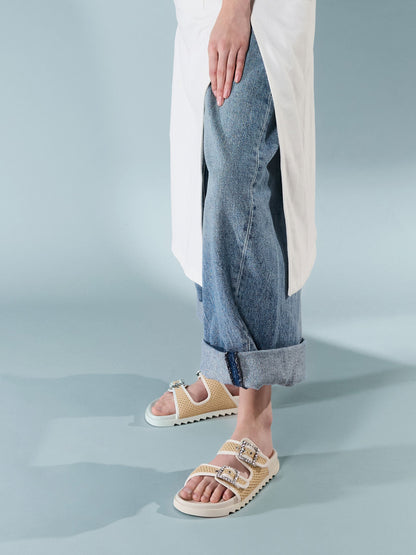 CHARLES & KEITH Smart Buy / Raffia Gem-Buckle Double-Strap Sandals - Sand