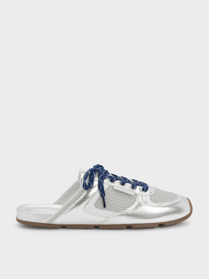 CHARLES & KEITH Special Offer / Metallic Mesh Lace-Up Sneaker Mules - Silver